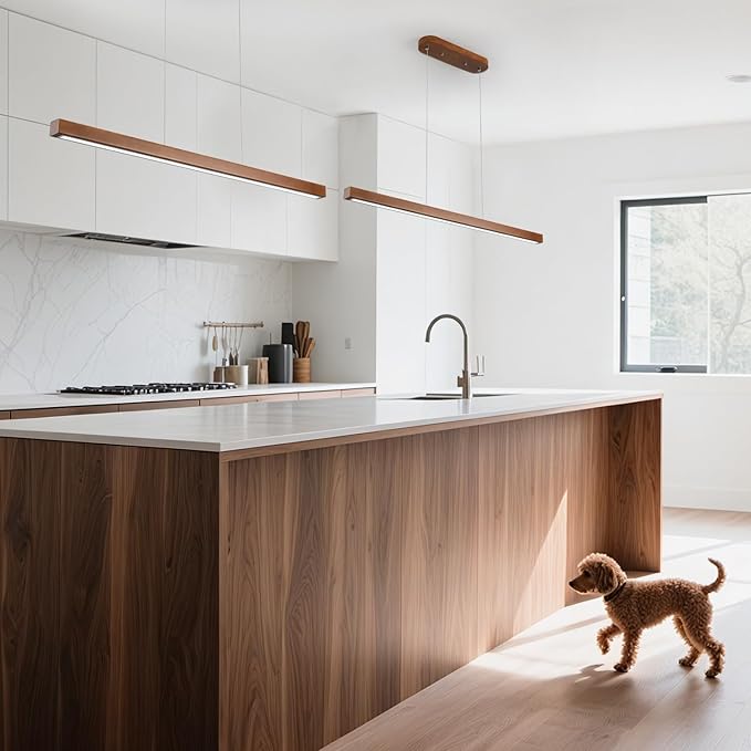 47 Inch Wood Linear Pendant Light Dimmable LED Kitchen Island Lighting with Remote Adjustable Hanging Chandelier for Dining Room Bar Pool Table 30W Modern Farmhouse Fixture Walnut Color