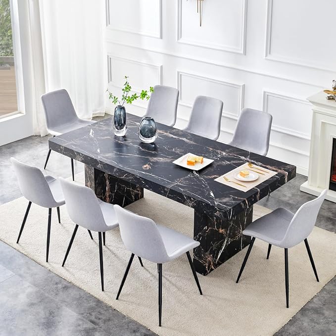 79" Marble Dining Table Set｜Modern Dining Table Set with 8 Faux Leather Chairs｜Engineered Wood with Marble Pattern Tabletop｜Widened and Stable Tablelegs｜Easy Assembly