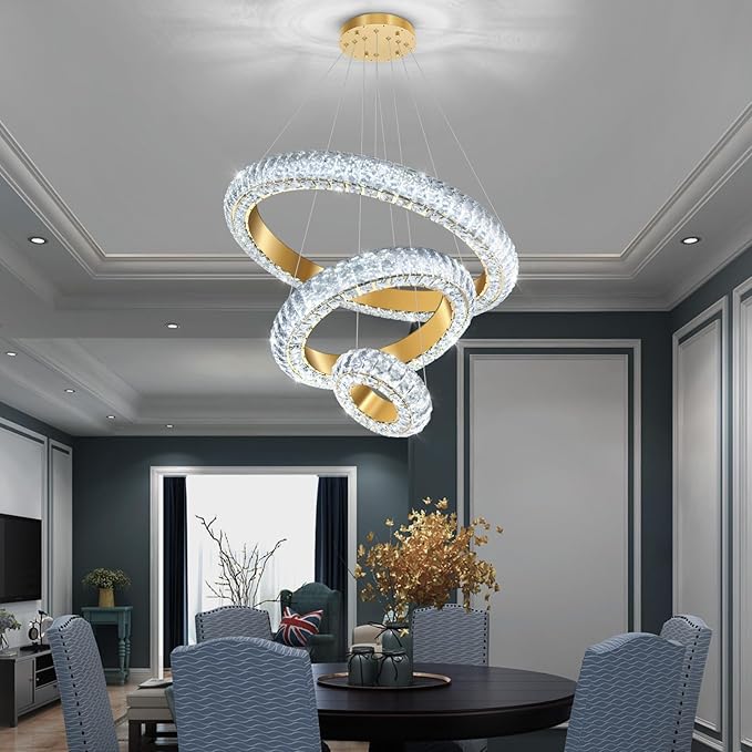 23.6" 3 Ring Crystal Chandelier Modern LED Dimmable Ring Pendant Light Round Chandelier for Dining Room Living Room Gold