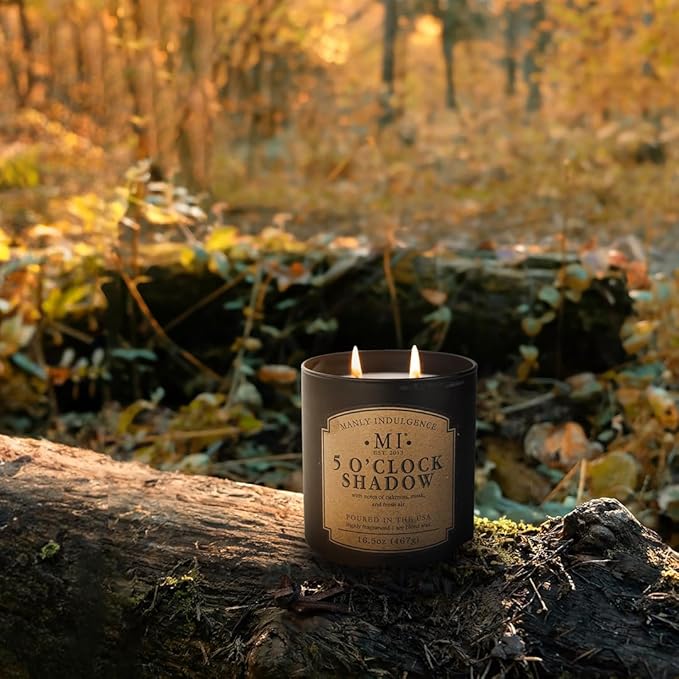 Manly Indulgence 5 O'Clock Shadow Scented Candle for Men 16.5 oz | 2 Wick & 2X Intense Fragrance | Oakmoss, Musk & Fresh Air | Up to 60 Hour Burn, Soy Blend Wax, USA Poured, Black