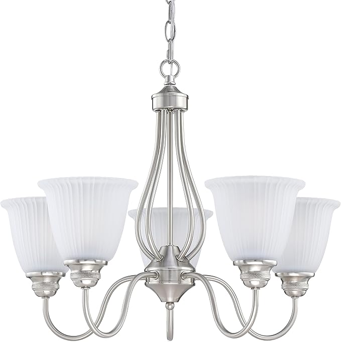 Doraimi Lighting 5 Light Chandelier Stripe Frosted Glass Shade Classic Style Ceiling Pendant Light Fixture Brushed Nickel Finish for Meeting Room Dining Room Over Table Living Room