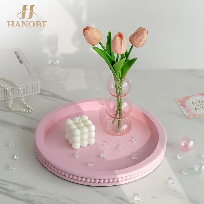 Hanobe Pink Tray Decorative Round: Beaded Perfume Trays Decor for Dresser Circle Vanity Makeup Serving Tray for Ottoman Coffee Table Bathroom Counter