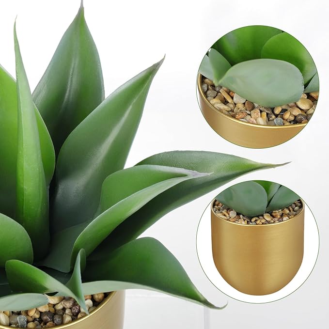 Briful Artificial Agave Plant in Gold Metal Pot, 13 Inch Tall Faux Succulent with Gray-Green Wide Leaves, Realistic Decorative Fake Plants for Home, Office, Shelf, Tabletop Decor
