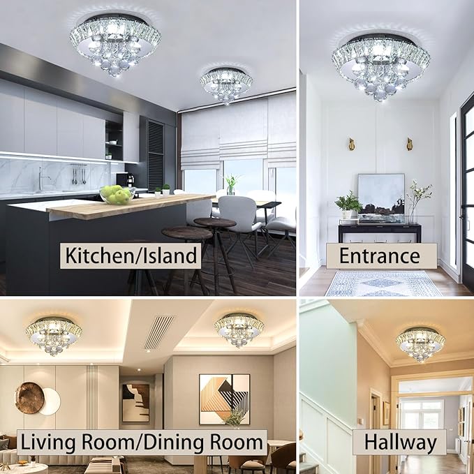 Modern Glam Crystal Chandelier Bedroom Ceiling Lights Chandelier with Dimmable Bulbs Ceiling Lighting Fixture 12 Inches Silver Light