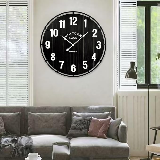 Farmhouse Black 24 Inch Wooden Large Wall Clock, Silent Non-Ticking Quartz Movement, Battery Operated Modern Rustic Clock for Living Room, Kitchen, Office, Home Decor
