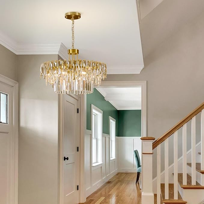 Modern Gold Round Crystal Chandelier - 23.6'' Luxury K9 Crystals Chandeliers for Dining room,3 Tier Raindrop Chandelier for Living room,Contemporary Light Fixture for Bedroom Foyer Entryway Kitchen