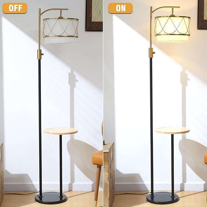 Dimmable Floor Lamp with Wooden Table and Marble Base, Boho Farmhouse Arc Standing lamp with Fabric & Metal Lampshades for Living Room Bedroom