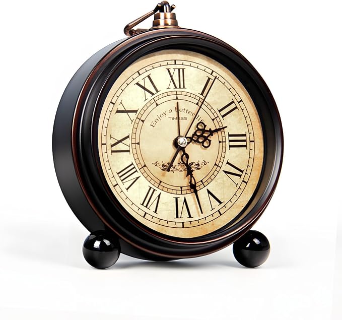 Vintage Analog Alarm Clock, 6.1" Silent Non-Ticking Quartz Desk Clock with Roman Numerals, Battery Operated Table Clock for Bedroom, Living Room, Office, or Gift (White)