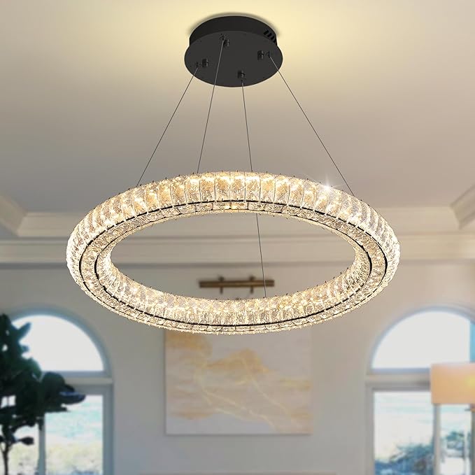 Modern Black Crystal Chandelier Dimmable LED 23.6" Ring Pendant Light Adjustable Round Crystal Chandelier Light Fixtures for Dining Room Living Room