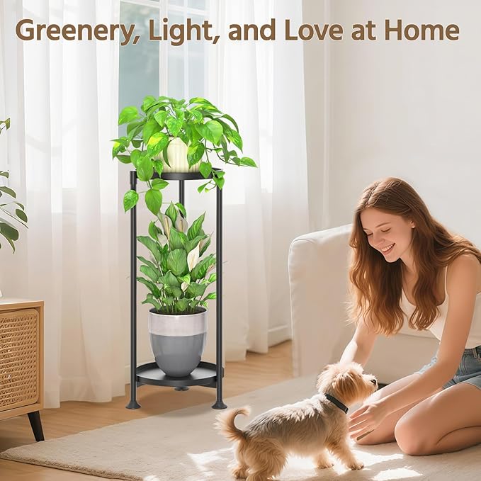 LASZOLA 2 Tier Black Plant Stand Indoor for Large Tall Heavy Duty Flower Planter, Metal Vertical Multi Level Rack for Narrow Floor Corner, Sturdy Round Holder Organizer, Modern, Mid Century, Farmhouse