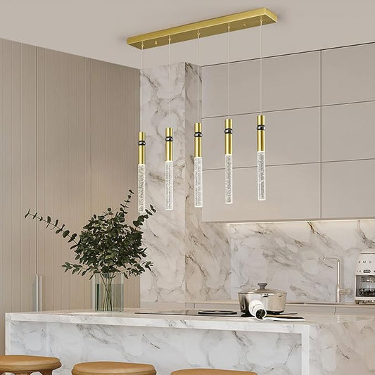 5 Light Pendant Lighting Dining Room Light Fixture Dimmable LED Modern Gold Pendant Light with Bubble Crystal Pendant Lights Kitchen Island