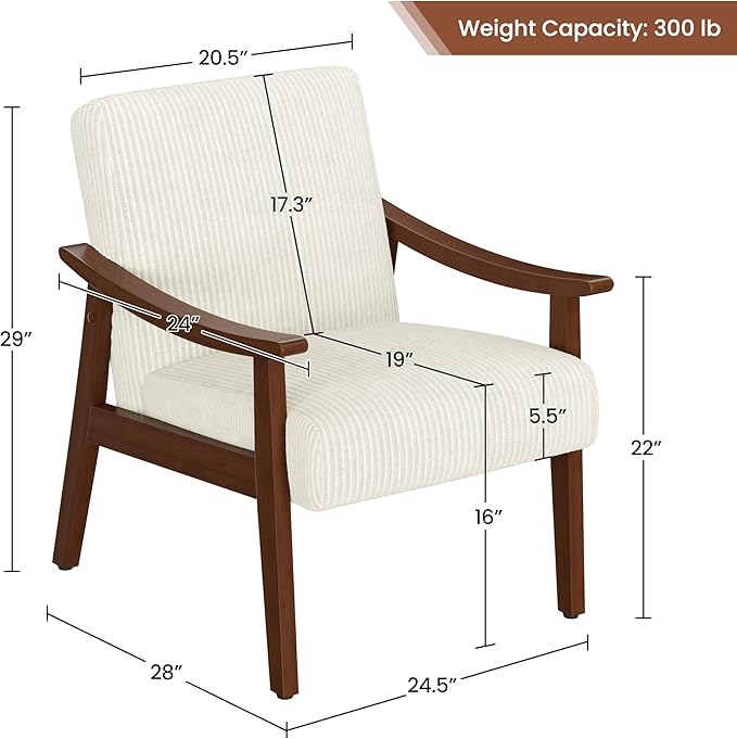 Yaheetech Corduroy Accent Chair, Mid-Century Modern Armchair with Solid Wood Legs, Reading Leisure Chair with High Back for Living Room Bedroom Waiting Room, Set of 2, Beige