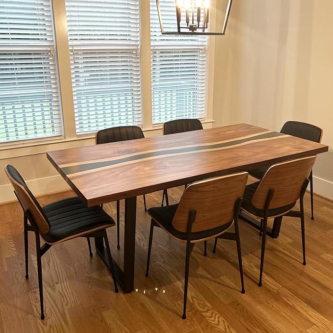 LUNLING Dining Chairs Set of 4 Mid Century Modern Retro Faux Leather Chair with Walnut Bentwood Upholstered Seat Metal Legs Chairs,Adjustable Foot for Kitchen Dining Room Chairs(Black)