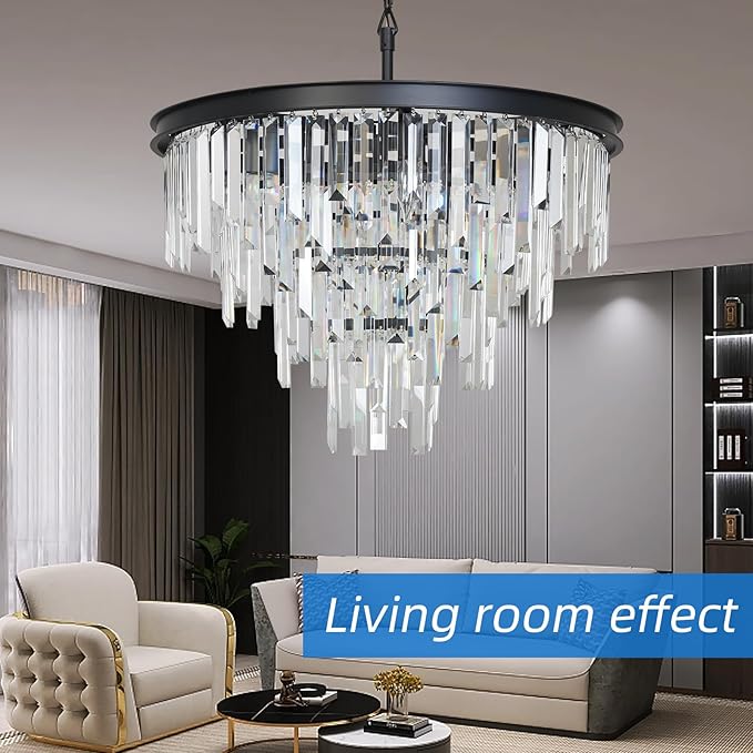 24'' Modern Crystal Chandelier, Black Round Ceiling Light with Clear Prisms, Luxury Flush Mount Lighting Fixture for Dining Room Bedroom Foyer