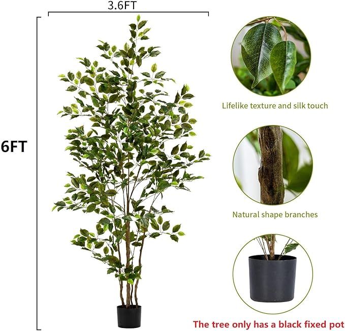 Artificial Ficus Tree Indoor 6ft, Large Potted Faux Tree with Realistic Silk Leaves & Trunk for Home Office, Living Room Corner Decor
