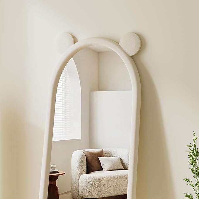Full Length Mirror, Arched Wavy Floor Mirror with Stand, 63"x24" Wall Mirror Full Length, Freestanding Mirrors Hanging or Leaning, Large Body Mirrors with Flannel Frame for Bedroom (Ear White)