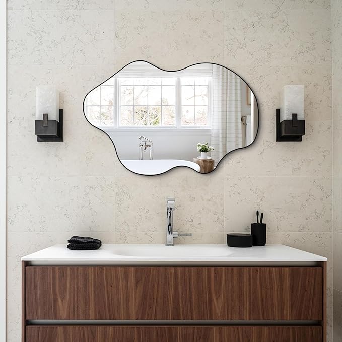 Irregular Mirror, Asymmetrical Wall Mirrors, 31.5"x23.6" Waved Shaped Mirror, Modern Frameless Decorative Mirrors for Living Room Bathroom Bedroom Hallway Entryway Fireplace