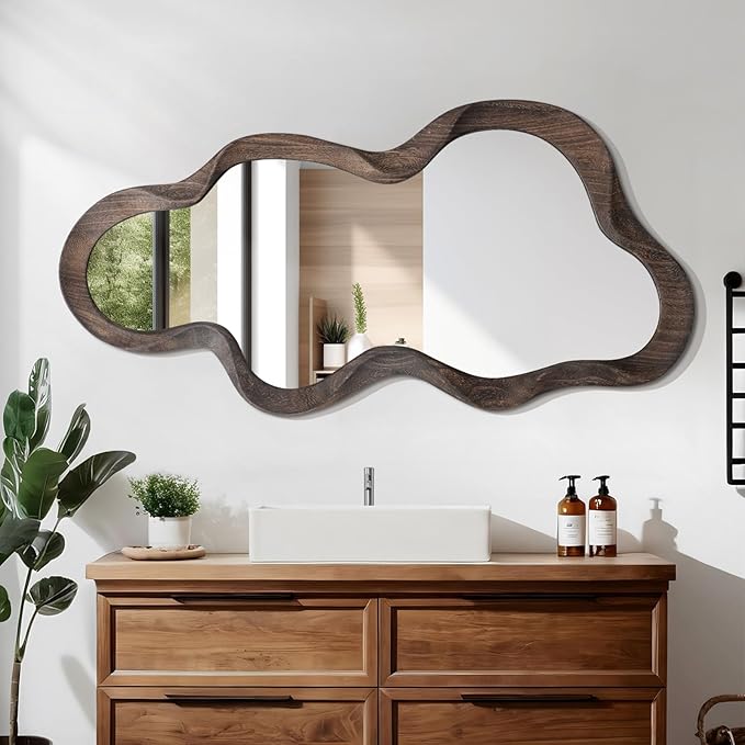 Asymmetrical Mirrors for Wall Unique Cloud Wood Frame Irregular Mirror Modern Living Room Bedroom Vanity Entryway Hallway Decorative Artistic Wall Mirror Brown