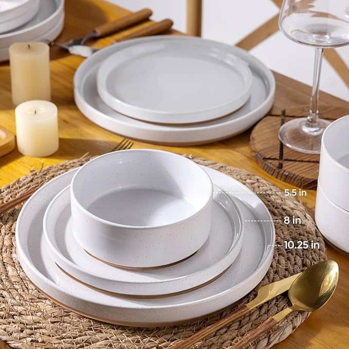 AmorArc Ceramic Dinnerware Set for 4 | Speckled Stoneware Plates and Bowls with unglazed terracotta | Scratch Resistant, Dishwasher & Microwave Safe Dishes Sets- 12-Pcs Milk White