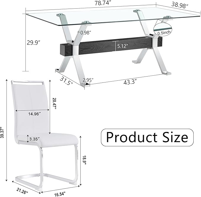 9 Piece Glass Dining Table Set, 79" Modern Dining Table Set for 8, 0.5" Thick Tempered Glass Tabletop with Silver Chrome Metal Legs and Black Crossbar, 8 PU Chairs for Dining Room, Kitchen