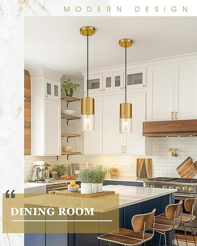 Gold Pendant Lights Kitchen Island, Hanging Lights Fixtures with Cylinder Clear Glass, Modern Brass Kitchen Pendant Lighting Over Island for Dining Room, AD-24023-1P-GD