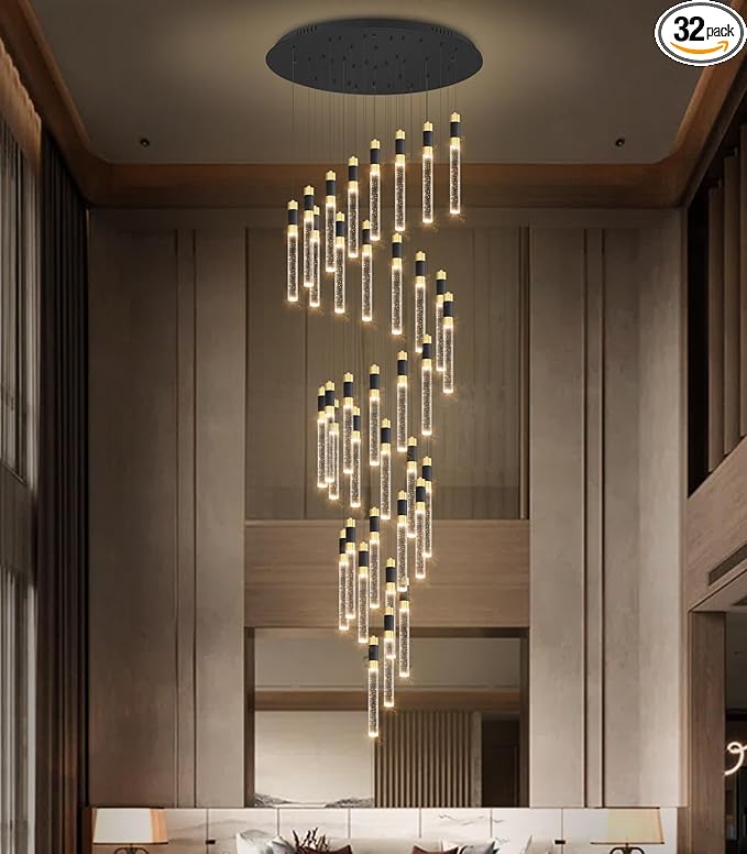 16 Foot High Ceiling Chandeliers for Living Room Entryway 32 Lights LED Lights Pendant Lighting with Dimmable Light Modern Crystal Ceiling Lights Dining Room Foyer Front Door Light