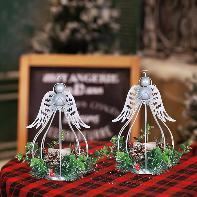 DECORKEY Christmas Decorations Outdoor&Indoor, 2PCS Andrew Candle Holders with Pine Cone, red Berry Wreath, Decorative Lanterns for Porch Centerpiece Table Decor Gift