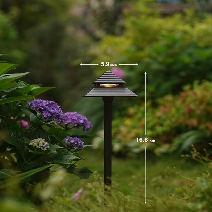 GOODSMANN Landscape Lighting 2PK Low Voltage Landscape 2-Tier Pagoda Path Lights 3W 180 Lumen LED 12V AC Weatherproof for Outdoor Die-Cast Body and Metal Spike with Bronze Finish 9121-21505-02A