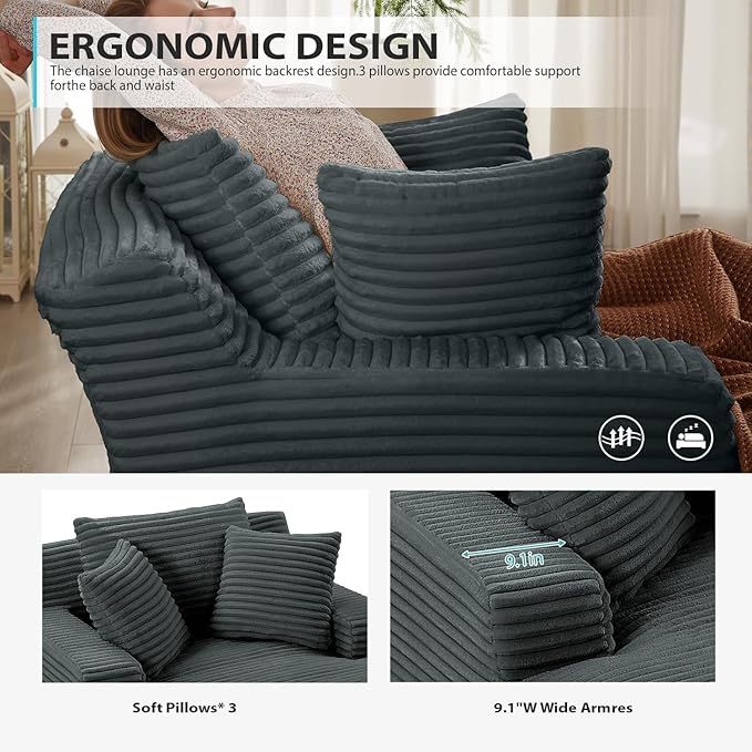 Oversized Chaise Lounge Chair Indoor, Corduroy Sofa Bed with Throw Pillows, Cozy Cloud Couch, Upholstered Sleeper Sofa Couch for Living Room, Bedroom, Apartment, Dark Gray