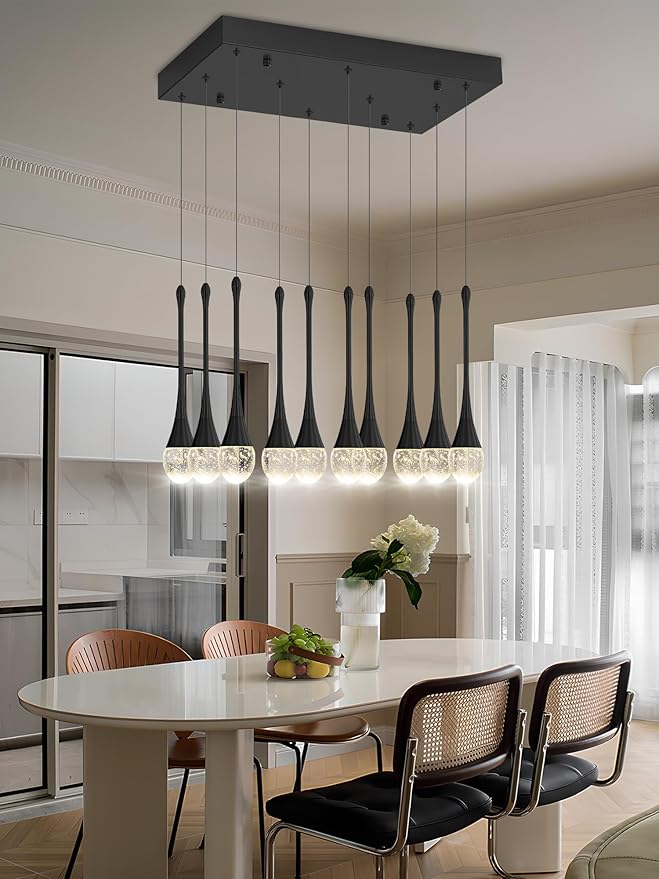 Rectangular Chandeliers for Living Room Black Dining Room Lights Fixture Raindrop Pendant Lights Kitchen Island Crystal Chandelier for Staircase Hallway Foyer Entryway