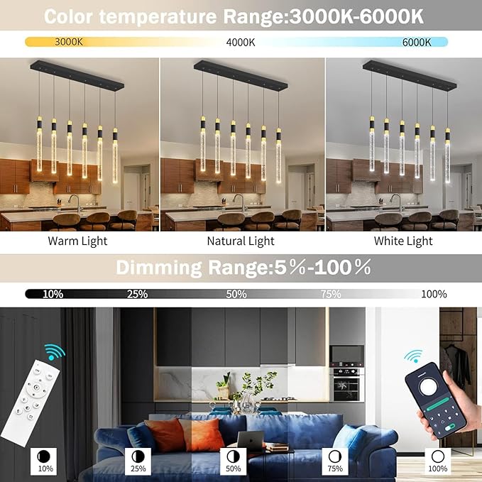 6-Lights Modern Rectangular Chandeliers for Living Room LED Dimmbale Light Fixture Entryway High Ceiling Light Pendants Lighting for Dining Room