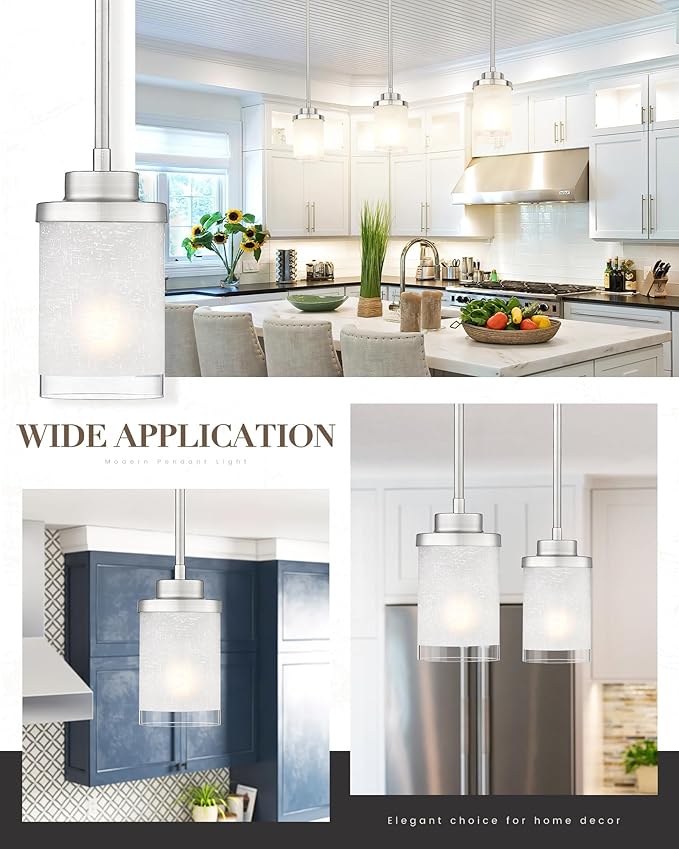 TENGXIN Modern Pendant Light for Kitchen Island, Brushed Nickel Hanging Ceiling Light Fixture,Farmhouse Pendant Lighting for Dining Room Bedroom Bar Office,TXPLBN01