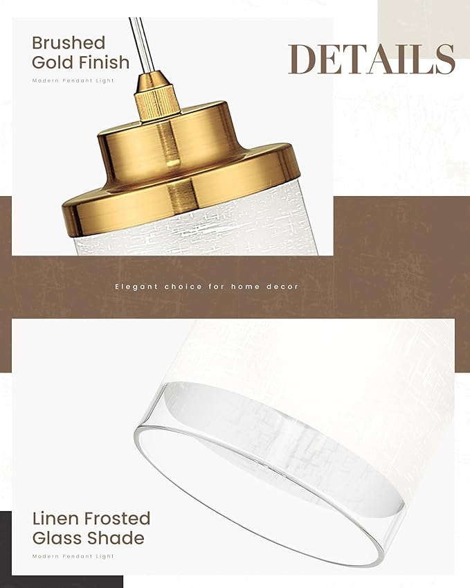 TENGXIN 3-Light Brushed Gold Pendant for Kitchen Island, Hanging Lamp Ceiling Fixture, Glass Light for Bedroom, Farmhouse Pendant for Dining Room