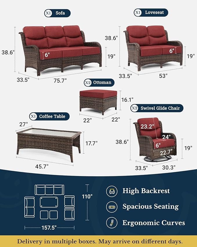 HILLGA Luxury High Back Patio Furniture Set with 6-Inch Thick Cushion, 8-Piece Outdoor Conversation Set with Sofa, Swivel Rocker Chairs & Ottomans, Ideal for Porch Pool Deck Yard (Burgundy)