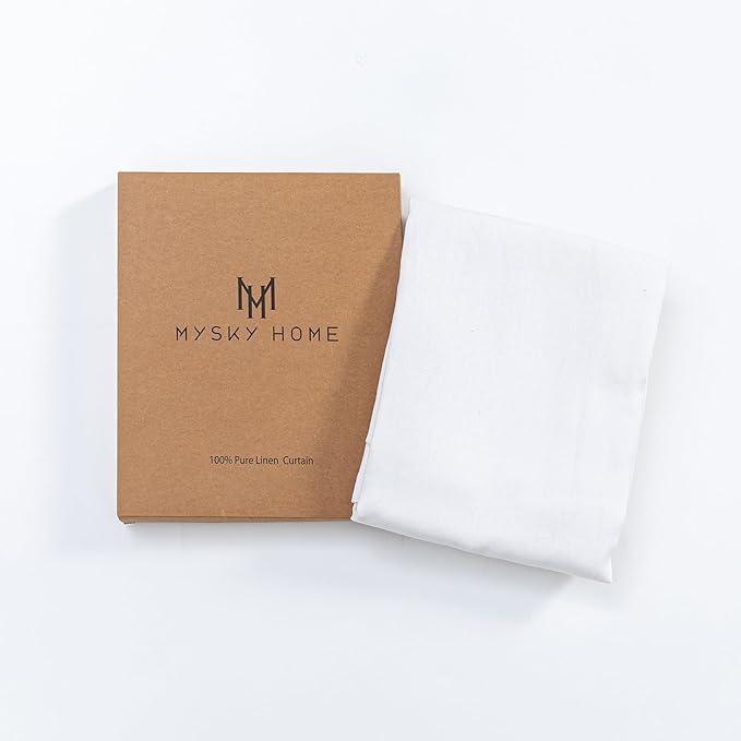 MYSKY HOME White Linen Curtains for Living Room, 100% Linen Natural Semi Sheer Curtains & Drapes 84 inches Length 2 Panels Farmhouse Country Light Filtering Bedroom Window Rod Pocket, 50" Wide, White