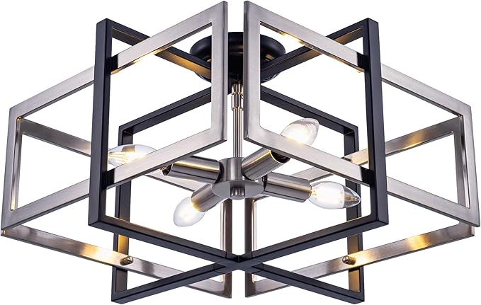 TOCHIC Flush Mount Ceiling Light, Black and Brushed Nickel Farmhouse Flush Mount Chandelier 4 Lights Industrial Metal Light Fixture for Dining Room, Living Room, Kitchen, Foyer, Hallway, Bedroom