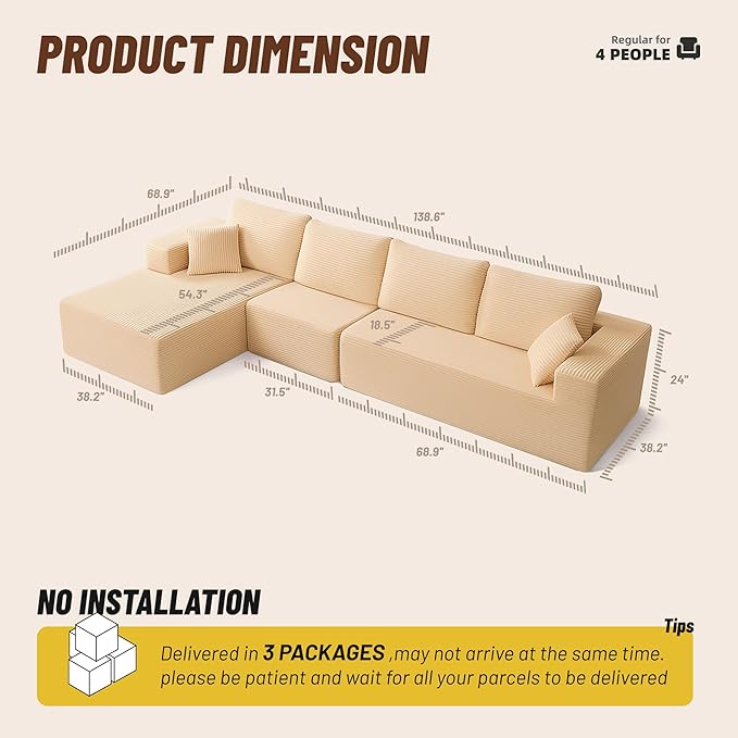 138" Boneless Couch with Deep Seat, Modular Sectional Sofa, Cloud Sectional Couch for Living Room, No Assembly Required, Corduroy, 4 Seater L-Shape Left, Camel