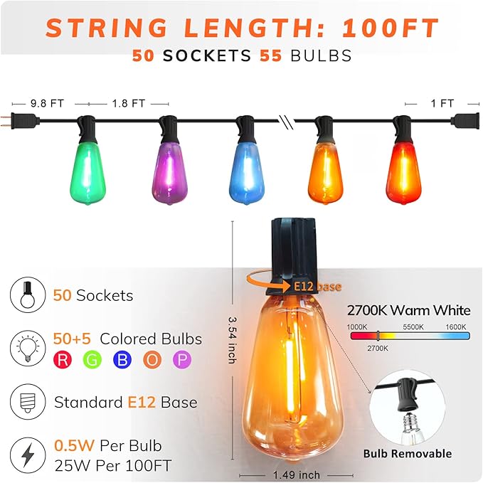 Achin Colored Outdoor String Lights 100Ft LED Multicolor Patio Lights with 55pcs ST38 Colorful Shatterproof Bulbs Rainbow String Lights for Bistro Christmas