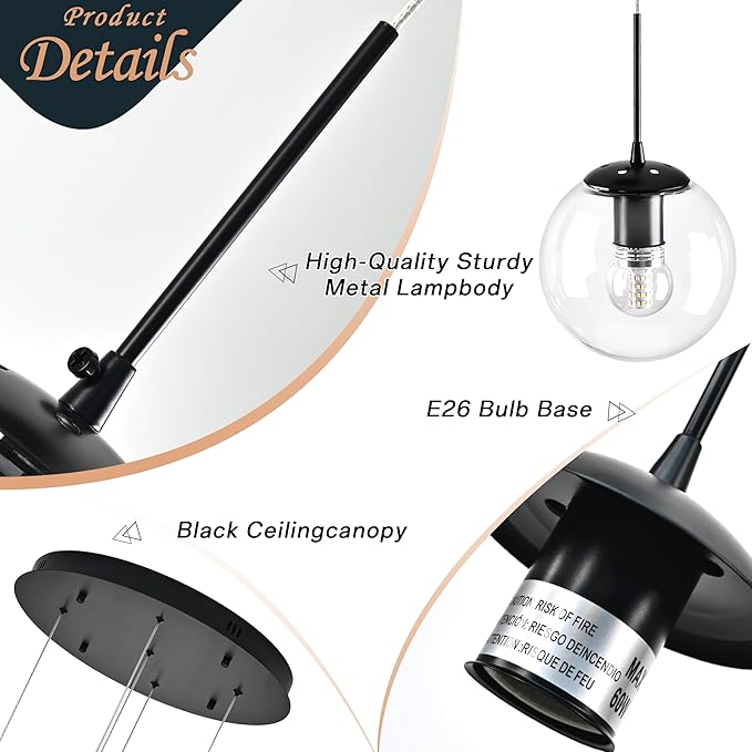KoKo&Yukina 5-Light Globe Glass Pendant Light Adjustable Length Pendant Lights Modern Black Clear Globe Glass Chandelier High Ceiling Lights Fixtures for Foyer Staircase Entryway (Bulb & Remote Incl)