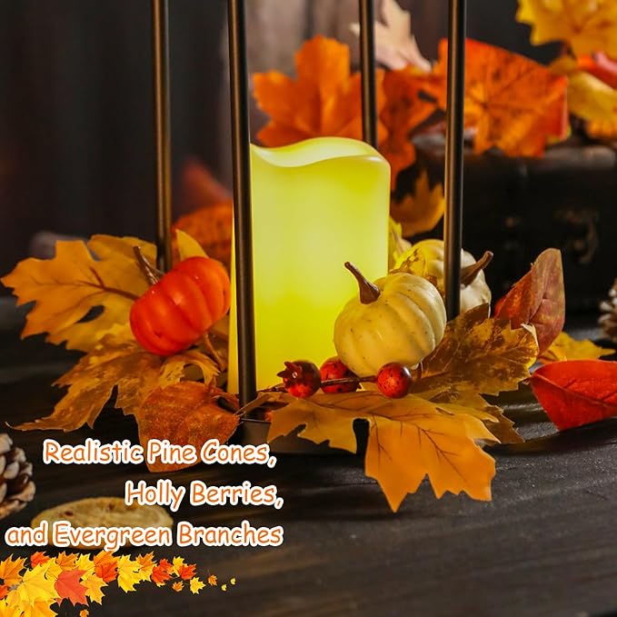 Bdor 2 Pack Fall Lantern Decor with LED Candle – 14 Inch Harvest Pumpkin Maple Leaf Hanging Lantern for Autumn Thanksgiving Table Centerpiece Indoor Outdoor Decoration, Battery Operated