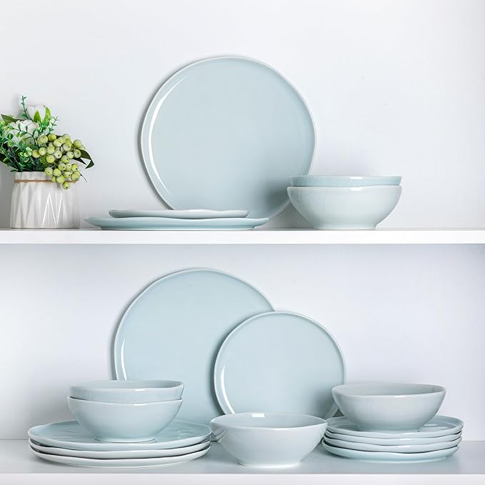 LERATIO Ceramic Dinnerware Sets for 6,Porcelain Plates and Bowls Sets with Wavy Edge,Microwave & Dishwasher & Oven Safe,Light Weight & Scratch Resistant Dishes Sets-Light Blue(18pcs)
