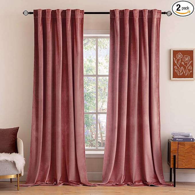 MIULEE Velvet Curtains 90 inches 2 Panels - Luxury Blackout Curtains for Bedroom Living Room Thermal Insulated Super Soft Window Drapes Rod Pocket & Back Tab, Dusty Rose Pink, W52 x L90 inch