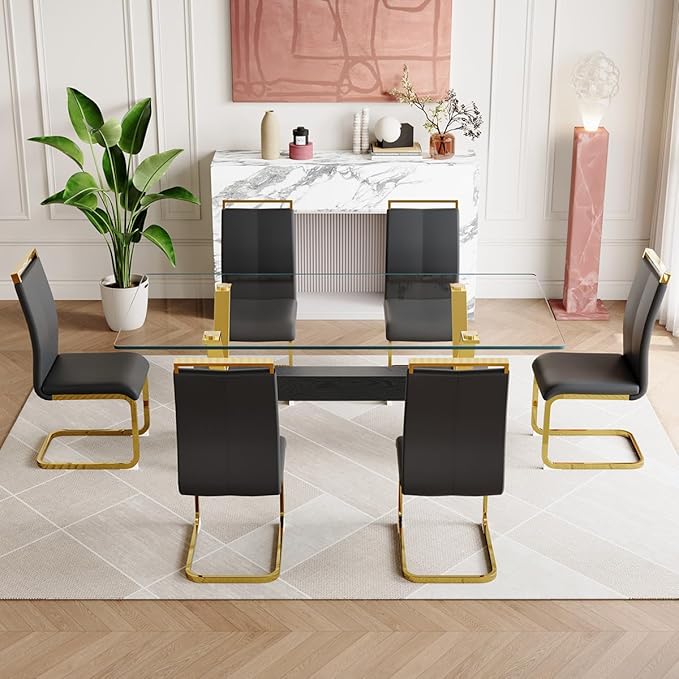 7 Piece Glass Dining Table Set, Kitchen Table Chairs Set for 6, 71'' Dining Table with 0.4" Tempered Glass Tabletop with Plated Metal Legs and MDF Crossbar, 6 PU Chairs for Dining Room, Kitchen.