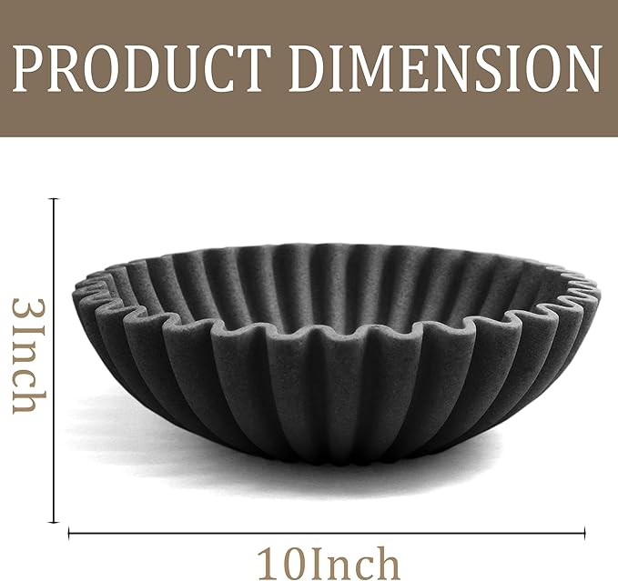 Ruffle Decorative Bowl, Large Fruit Bowl for Kitchen Counter, Stylish Key Bowl for Entry Table, Handcrafted Home Decor Display bowl, Artificial Stone Black