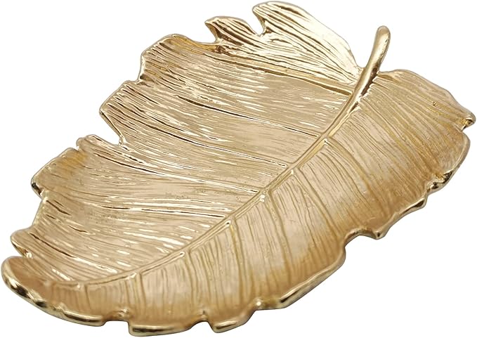 Metal Jewelry Dish, Small Leaf Shaped Ring Holder Jewelry Organizer, Trinket Dish Vanity Tray for Dresser Christmas Birthday Wedding Gifts Elm Leaves-Gold