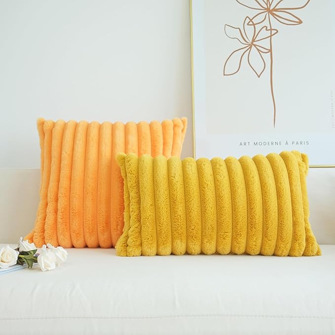 JOJUSIS Pack of 2 Faux Fur Plush Decorative Throw Pillow Covers Couch Cushion Case Soft Pillowcases (Mustard Yellow, 12 x 20-Inch)