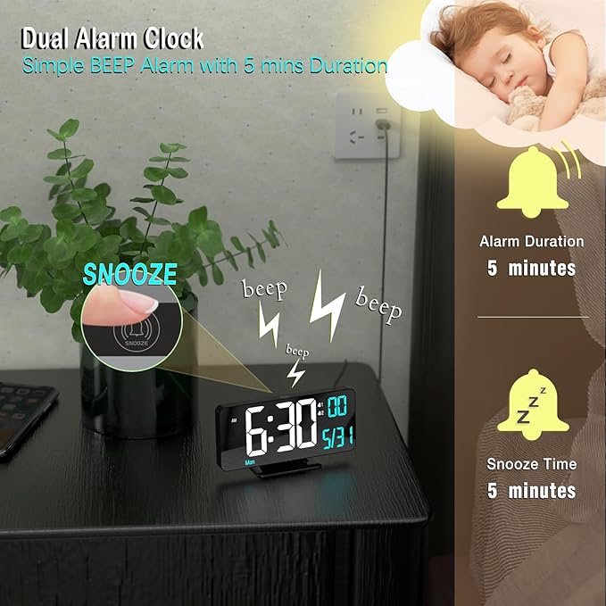 KOSUMOSU Digital Alarm Clock 6.7in Black Clock for Bedroom, Dual Alarm, Date, Seconds,Day of Week,12/24h,Dimming, Temp, Desk Clock, LED Clock for Living Room, Calendar Digital Clock