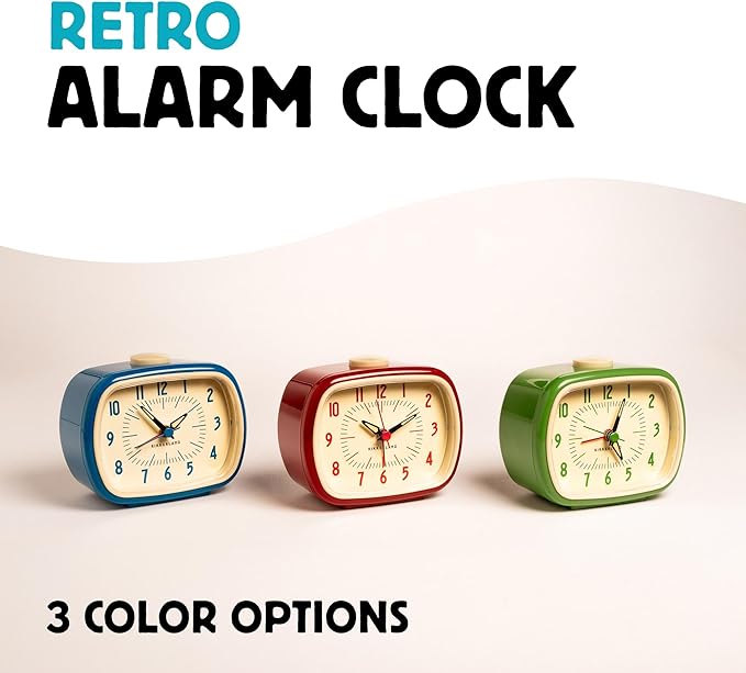 Kikkerland Retro Alarm Clock – Vintage Decor for Bedroom, Nightstand, Living Room, or Office – Battery Operated, Glow in The Dark, Decorative Analog Clock, Green