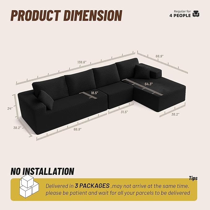 138" Boneless Couch with Deep Seat, Modular Sectional Sofa, Cloud Sectional Couch for Living Room, No Assembly Required, Corduroy, 4 Seater L-Shape Right, Black
