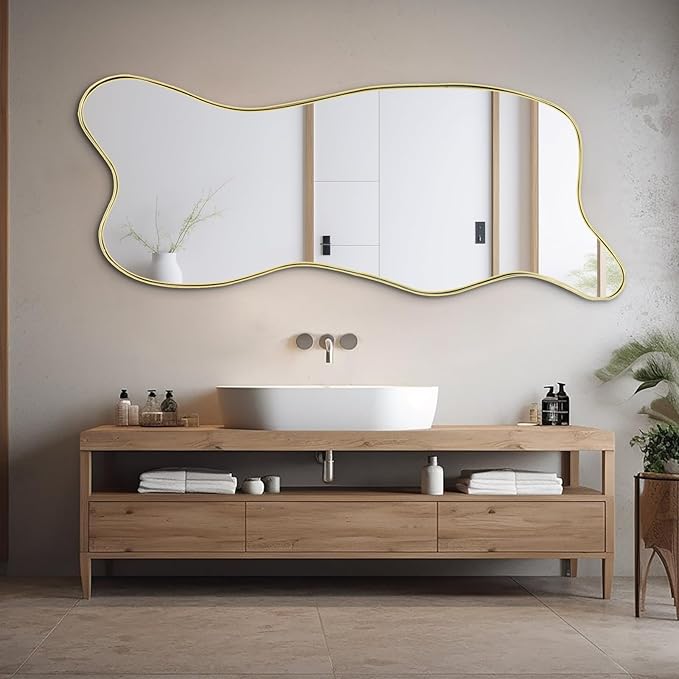 Large Gold Irregular Mirror, Asymmetrical Mirrors Full Length, 59.8"x23.6" Standing Floor for Dressing, Metal Frame Waved Shaped Mirror for Living Room Bathroom Bedroom Hallway Entryway